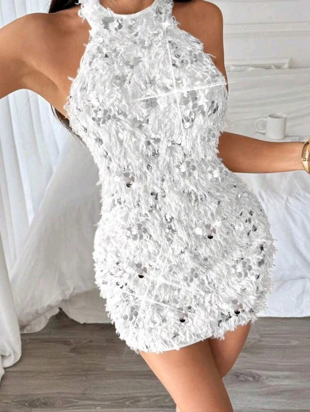 Almamuse Sequin Fringe Halter Bodycon Mini Dress